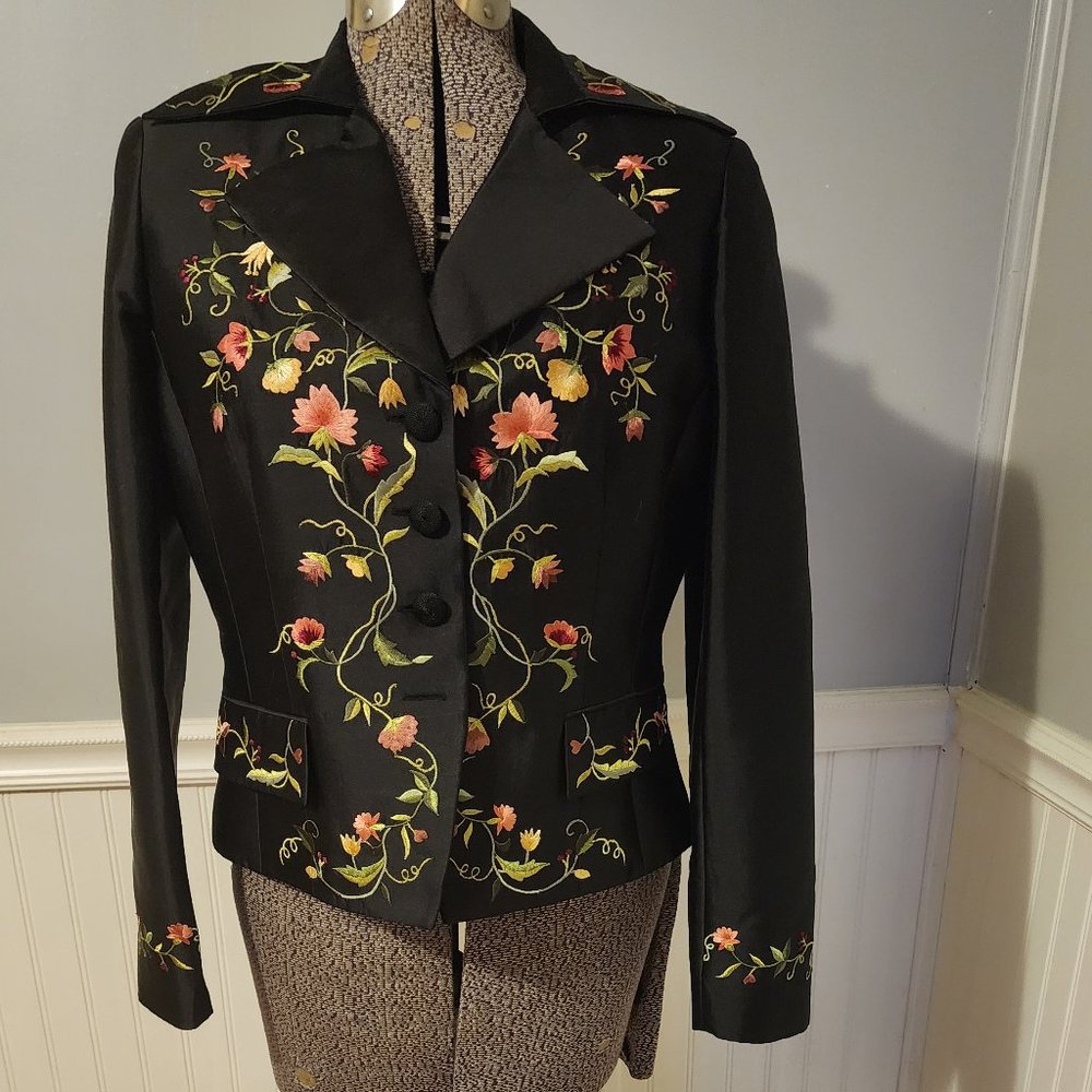1990's Rickie Freeman for Teri Jon Black Silk Blend Jacket W/Colorful Embroidery